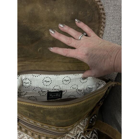 Myra Bag Rater Handcrafted Leather Hide & Canvas With Conchos Bags NWT Purse New - Picture 6 of 8